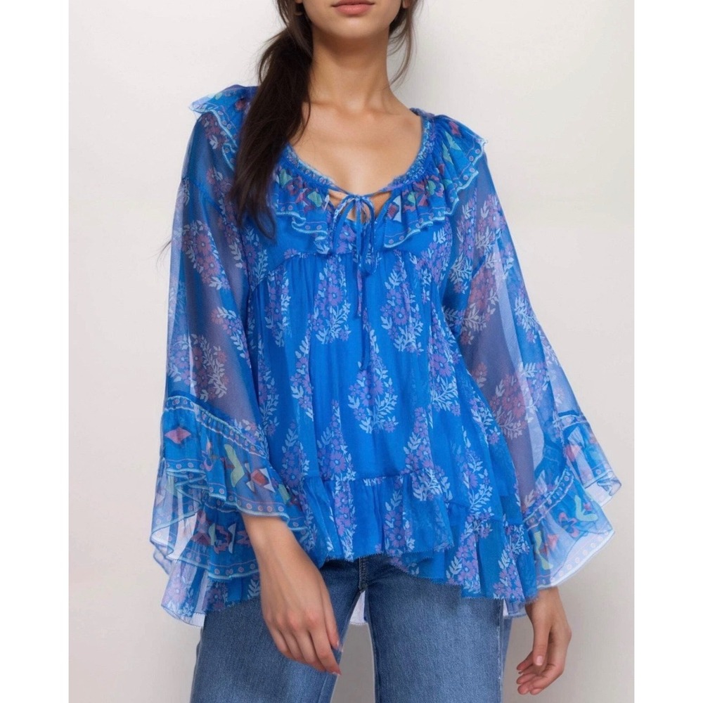 NEW Johnny Was Silk Gal Ruffle Tie Blouse + Tank Top Size‎ S Floral Boho Sheer